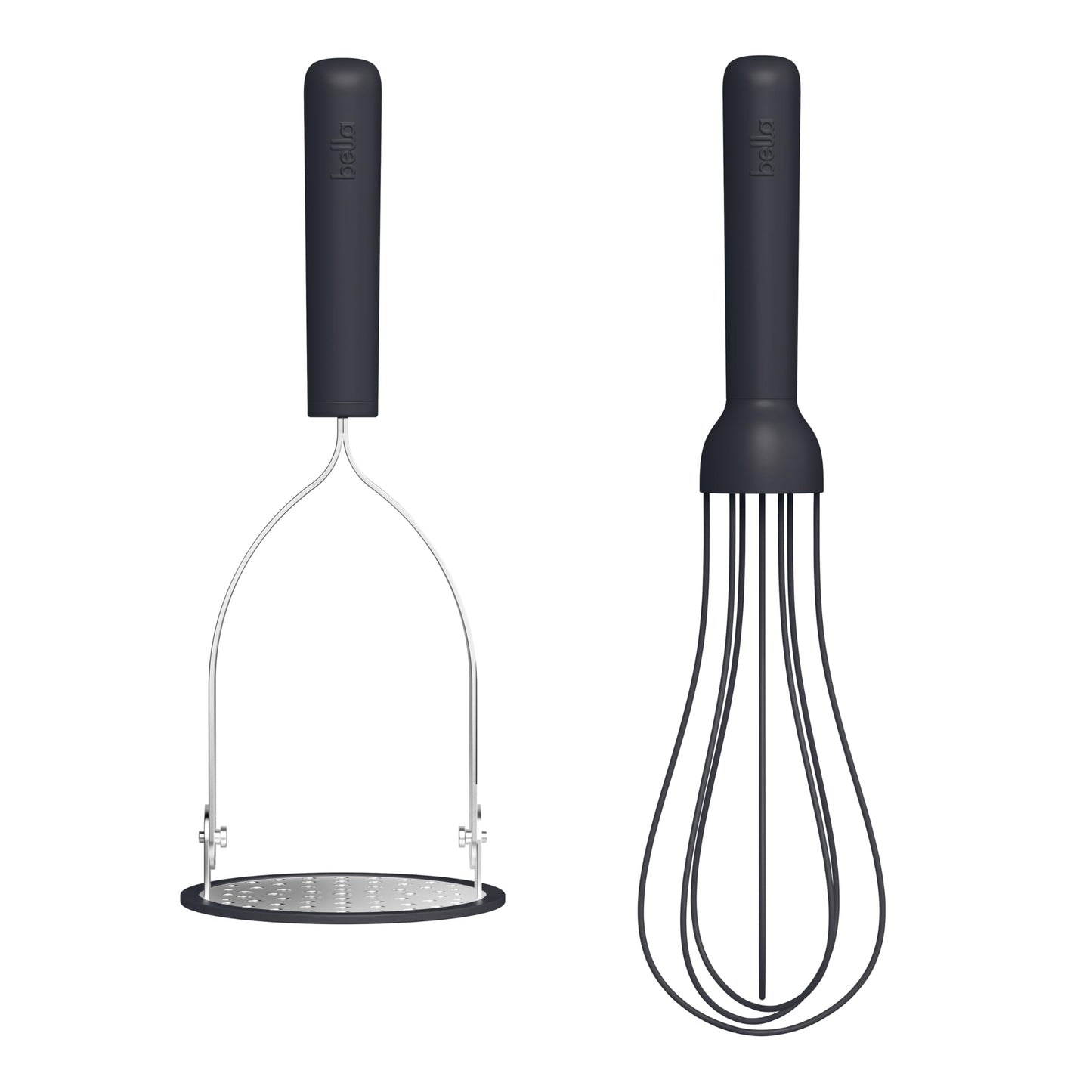 bella 2 Piece Compact Masher and Whisk Set, Fold Flat, Stainless steel and silicone, Foldable Masher, Ballon Whisk, Flat Whisk, Non-stick, Nonslip, Heat safe to 425°F, Slate