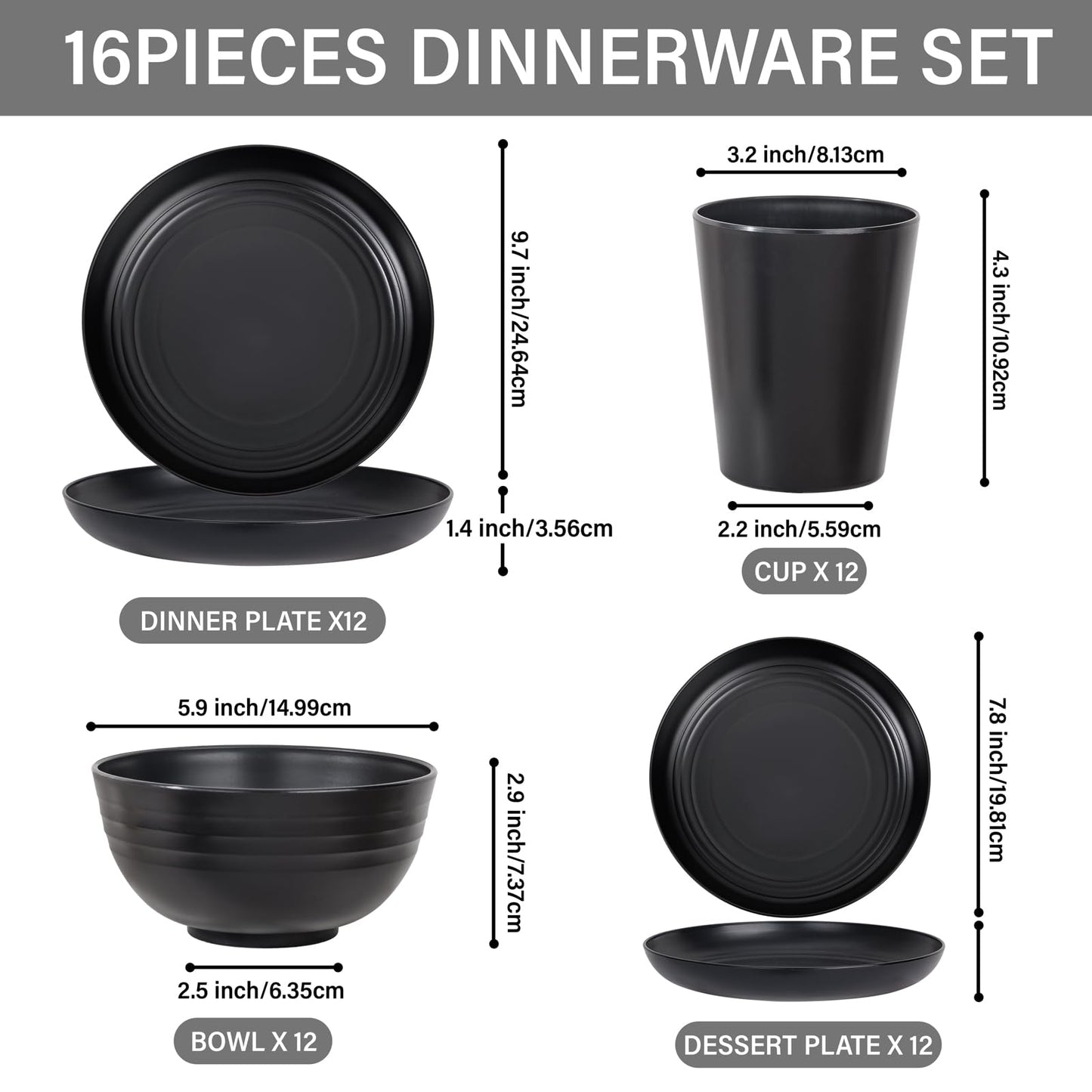 LIYH Black Plastic Wheat Straw Dinnerware Sets Unbreakable Dinner Plates for 4 Black Plates and Bowls Set Include Wheat Straw Plate Bowls Cups Dish Set for Kitchen&Camping