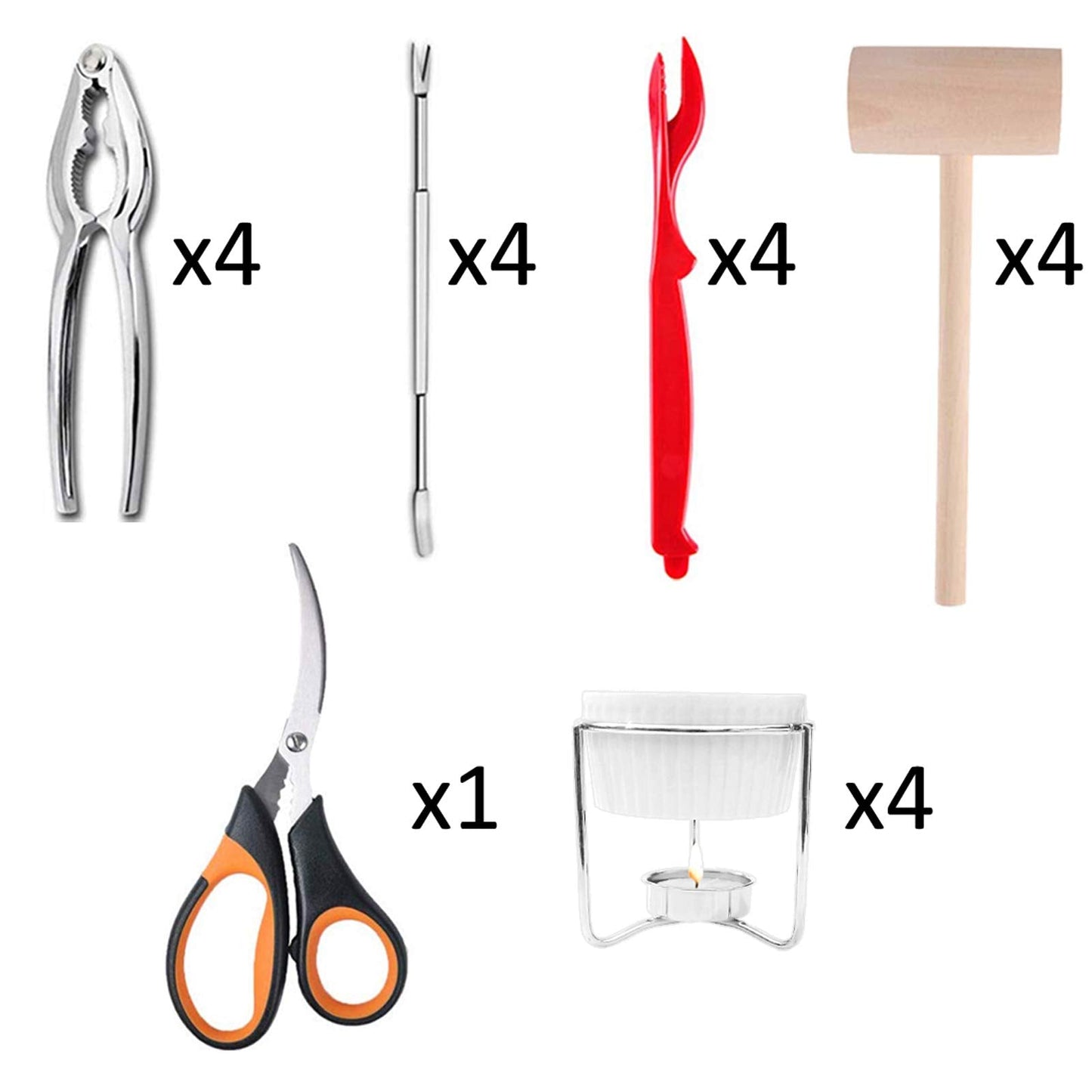 Artcome 21 Pcs Seafood Tools Set includes 4 Crab Forks, 4 Lobster Crab Crackers, 4 Lobster Shellers, 4 Butter Warmers, 4 Lobster Crab Mallets, 1 Seafood Scissor