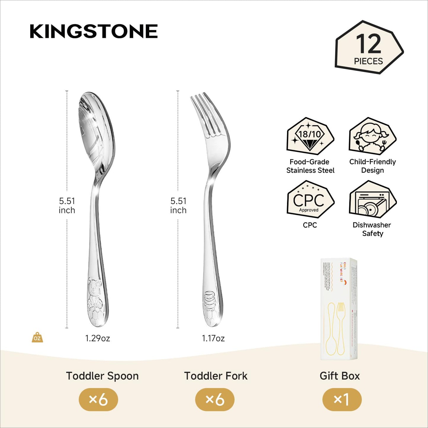 KINGSTONE Toddler Utensils Set, 12-Piece Small Forks & Spoons, 18/10 Stainless Steel, Ergonomic Self-Feeding Children’s Flatware for Home & Preschool, Honey Bear Print