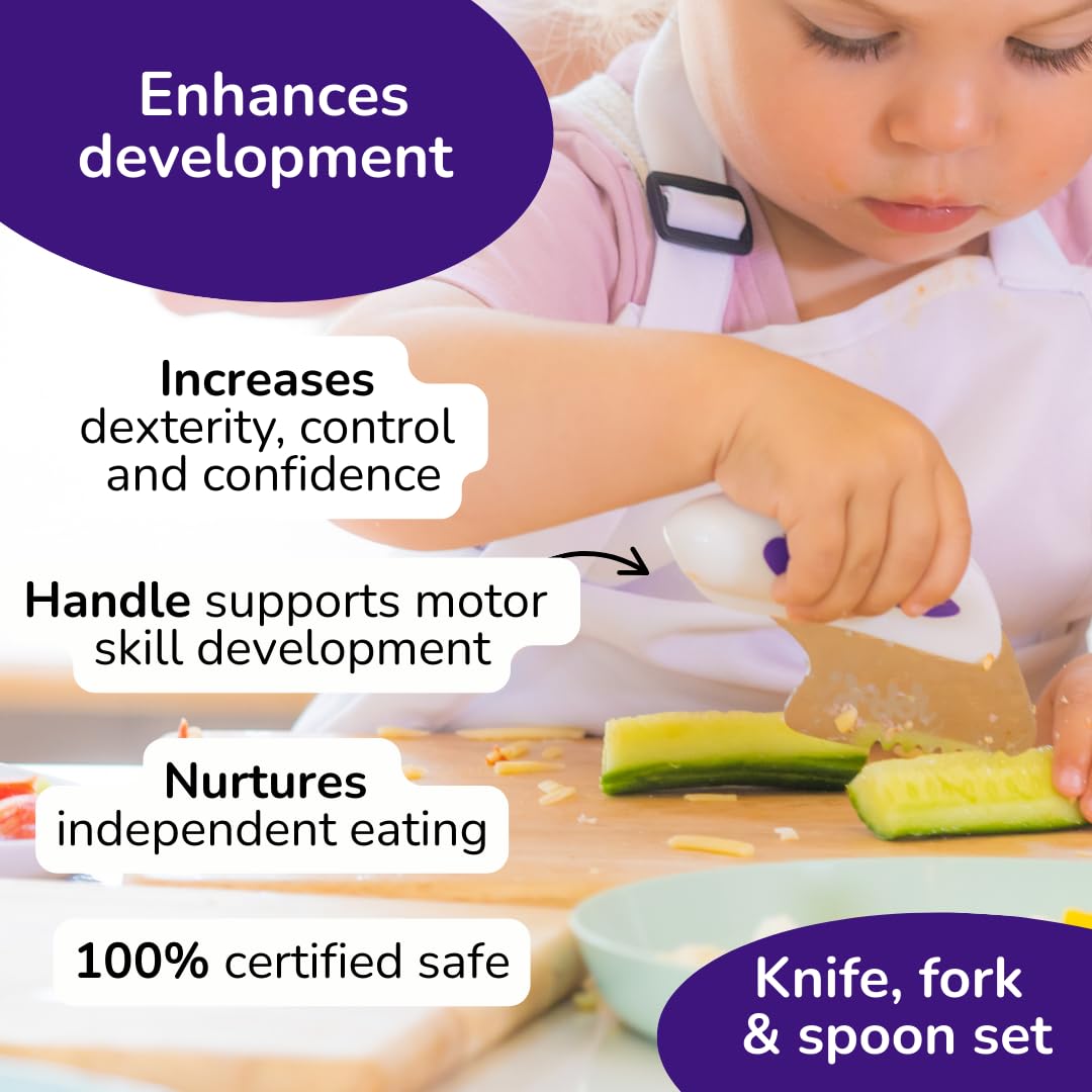 doddl Toddler Utensils, Ergonomic Fork Spoon and Knife Set for Self Feeding, Stainless Steel Silverware for 1-3 Year Olds, BPA Free, Dishwasher Safe (Indigo)