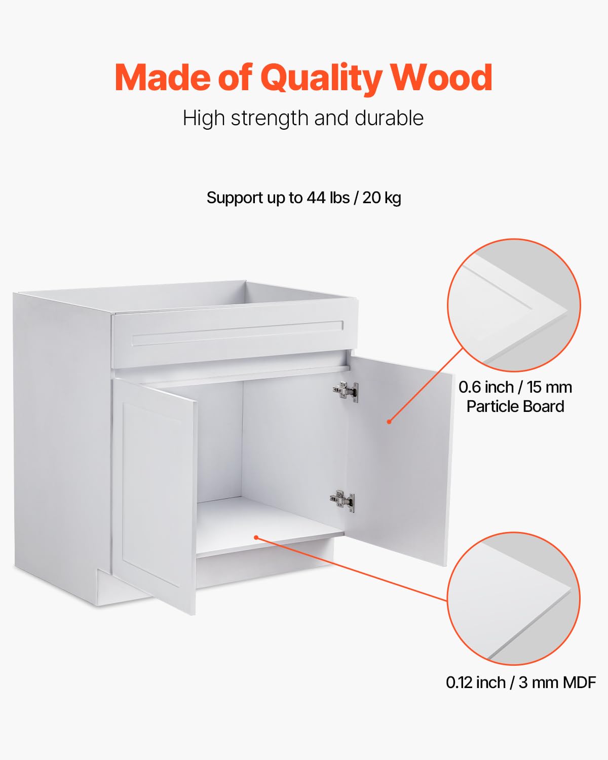 VEVOR White Shaker Base Cabinet, 36-Inch Unassembled Sink Base Cabinet, 36" W x 24" D x 34.5" H Ready to Assemble Cabinet with Soft-Close Doors and Adjustable Shelf, for Home Office