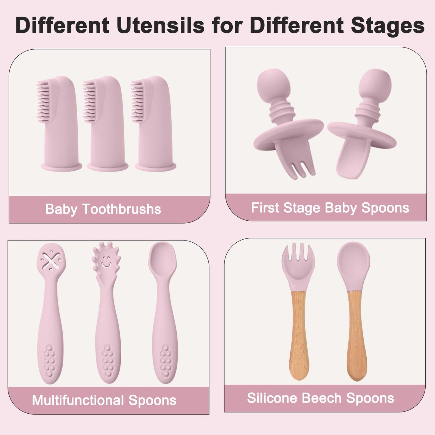 LITTLE RAWR Silicone Baby Feeding Set 14 Pcs,Baby Led Weaning Supplies, Baby Spoons Suction Bowl Divided Plate Bib Cup Finger Brush,First Stage Solid Food Eating Utensils - 6+ Months(Light Pink)