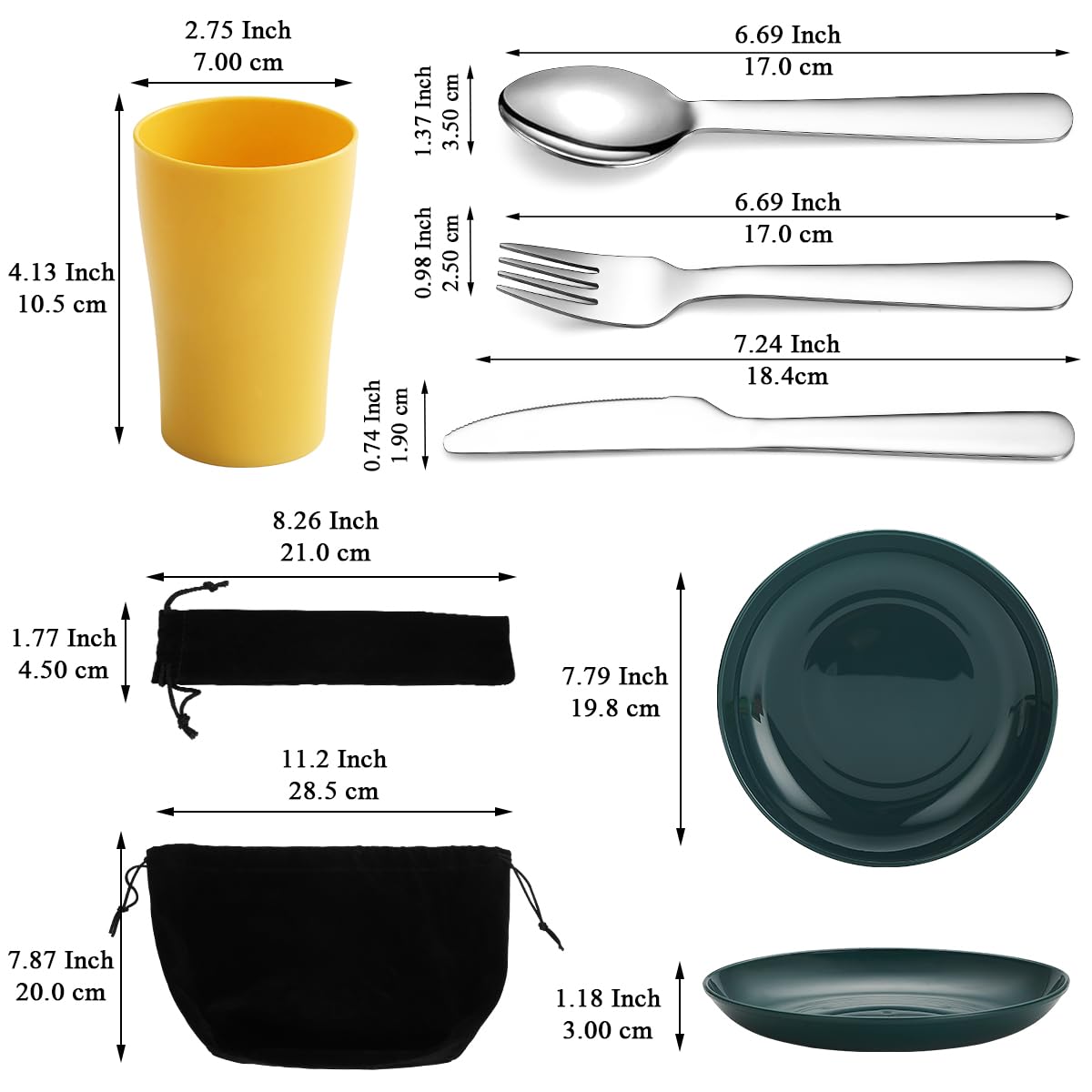Evanda Camping Cutlery Set 10 Piece, Reusable Light Weight Mug, Plate and Stainless Steel Cutlery Set with Black Bag, for Camping 2 Person, Dishwasher Safe