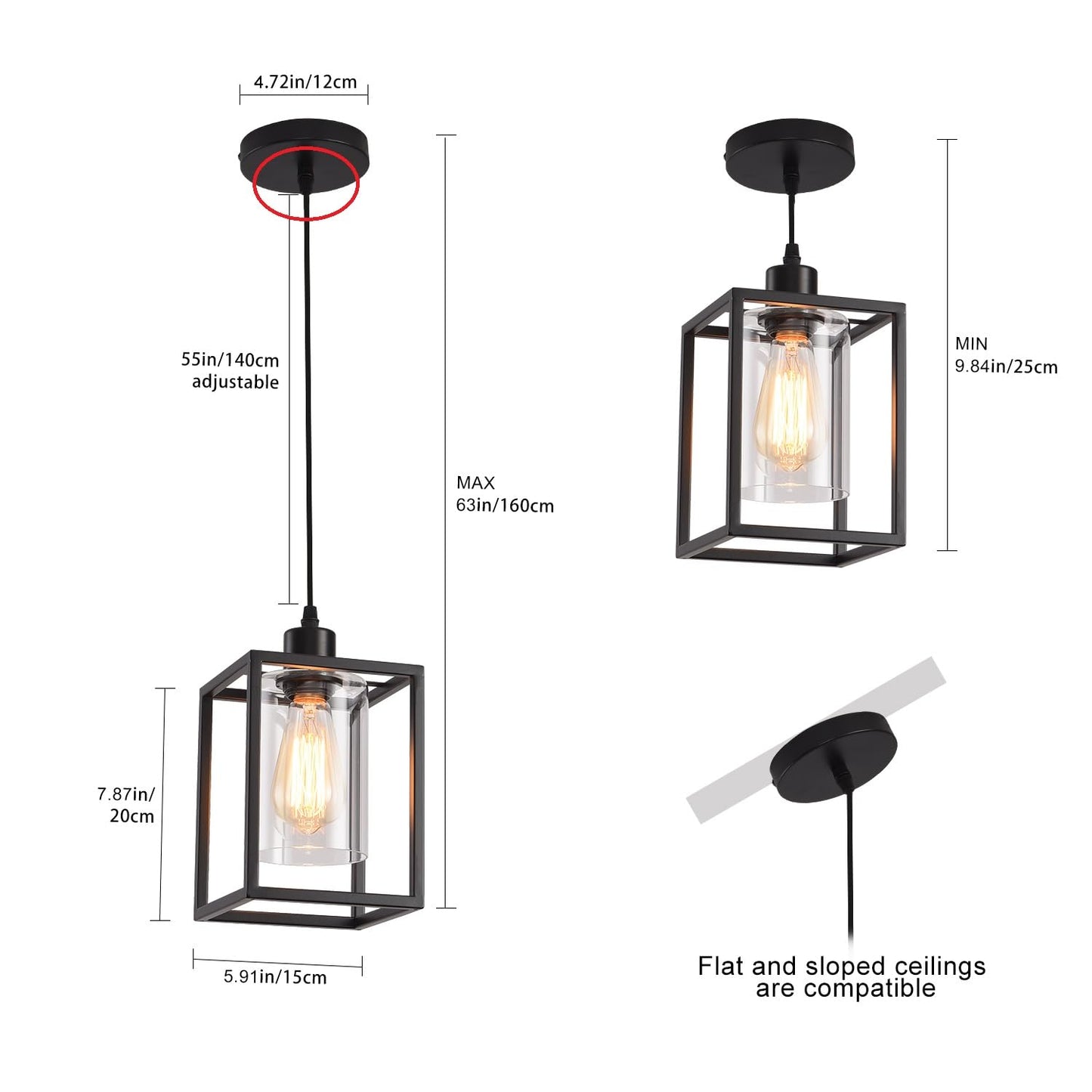3 Pack Black Pendant Lights for Kitchen Island Industrial Lantern Pendant Light Fixtures with Clear Glass Shade, Farmhouse Adjustable Height Hanging Pendant Lighting for Dining Room