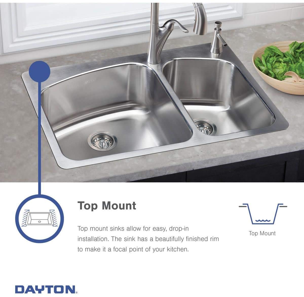 Elkay D233194 Dayton Equal Double Bowl Drop-in Stainless Steel Sink 33 x 19 x 6.5