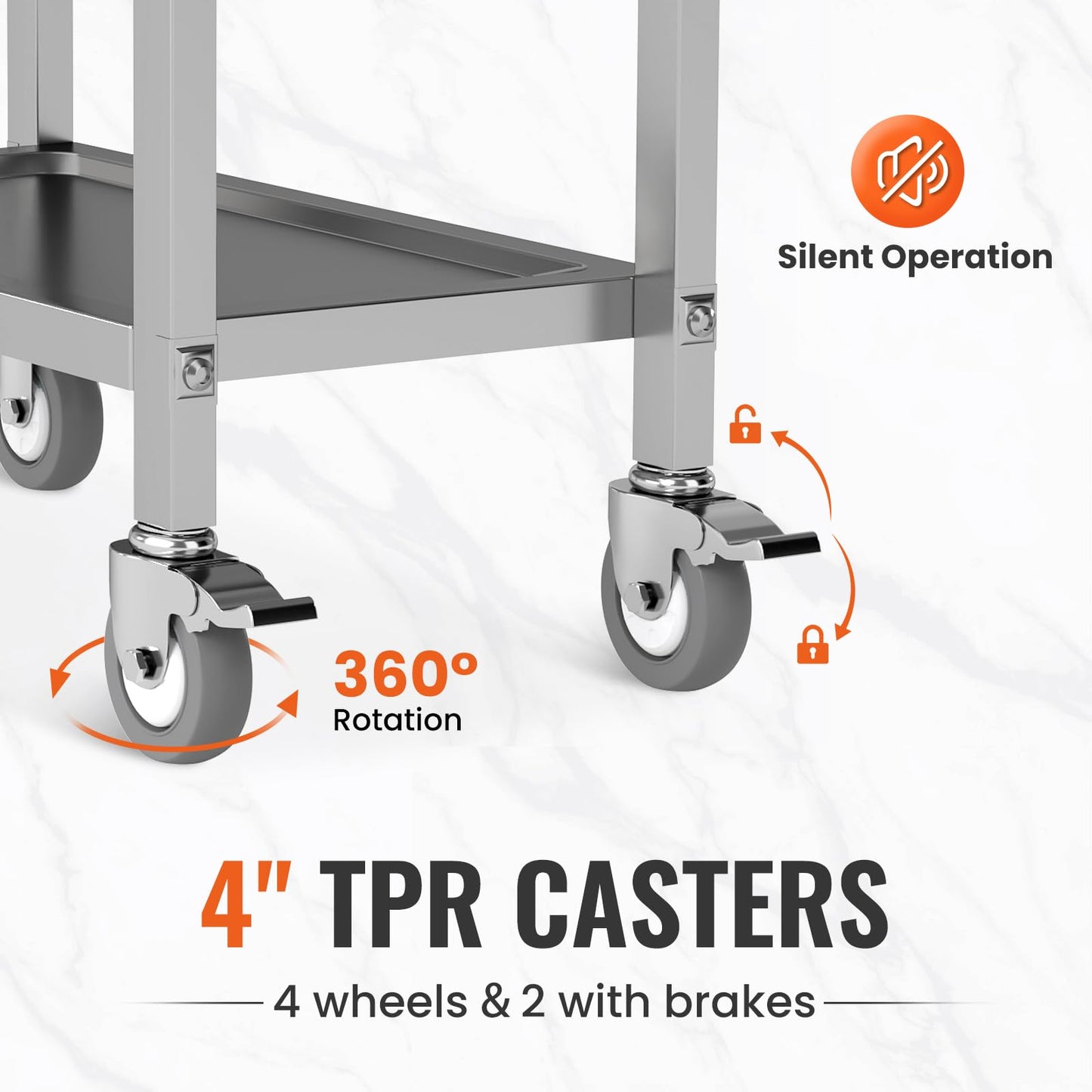 HOCCOT All Stainless Steel Cart, 3 Tier Utility Cart with Brake Wheels, Storage Trolley Heavy Duty Rolling Cart with Strong Load Bearing Easy Assembly for Home Kitchen Restaurant Hotel Lab