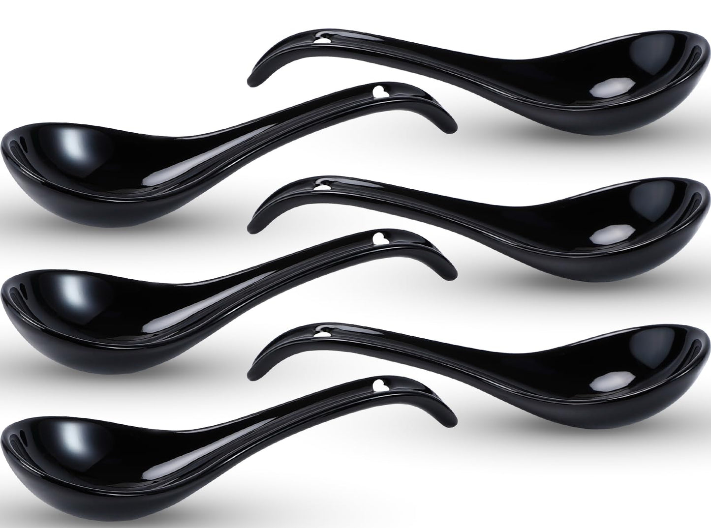 PUREZON 6 PCS Asian Soup Spoons, 6.55 inch Black Kitchen Spoons, Ceramic Deep Oval Hook Design, Chinese Ramen Spoon for Dumpling, Noodles, Miso