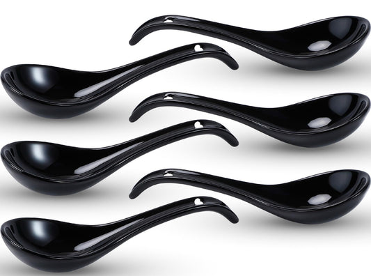 PUREZON 6 PCS Asian Soup Spoons, 6.55 inch Black Kitchen Spoons, Ceramic Deep Oval Hook Design, Chinese Ramen Spoon for Dumpling, Noodles, Miso