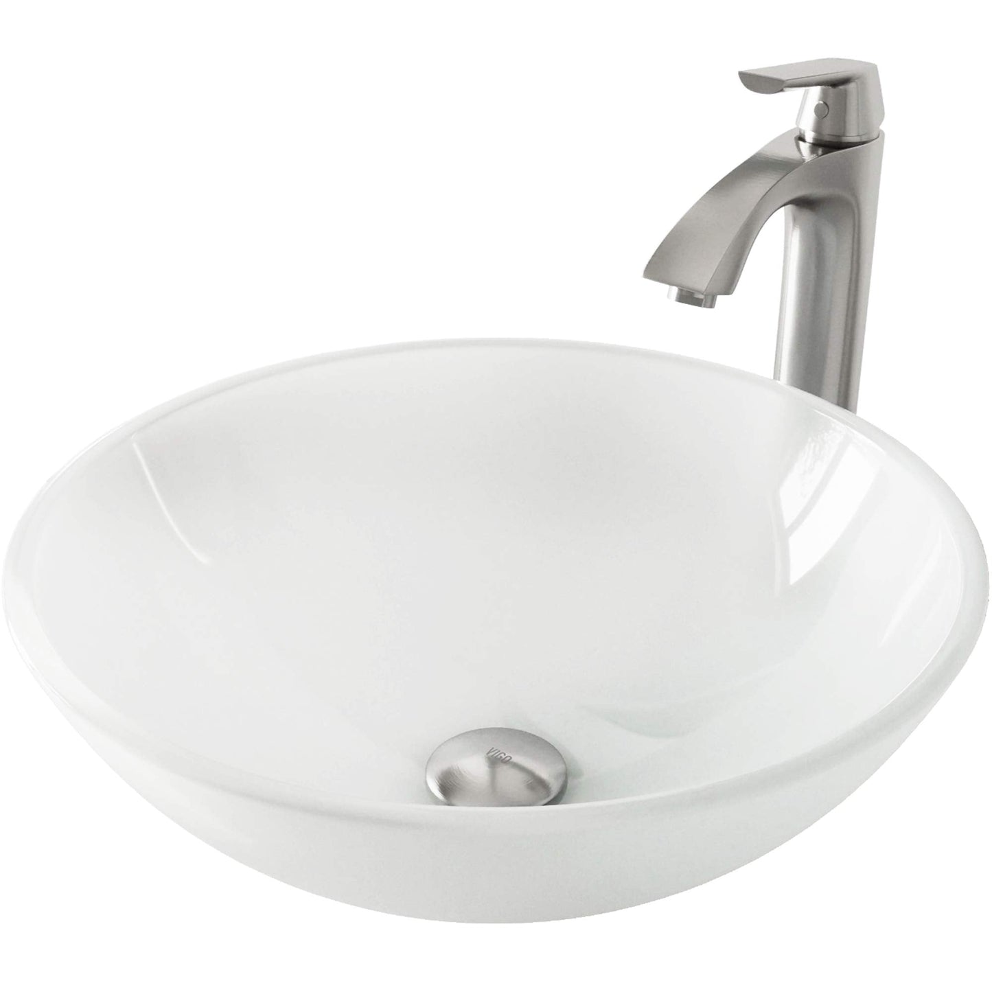 VIGO 17" L -17" W -12" H White Frost Glass Round Vessel Sink Set with Faucet and Drain -VGT1091