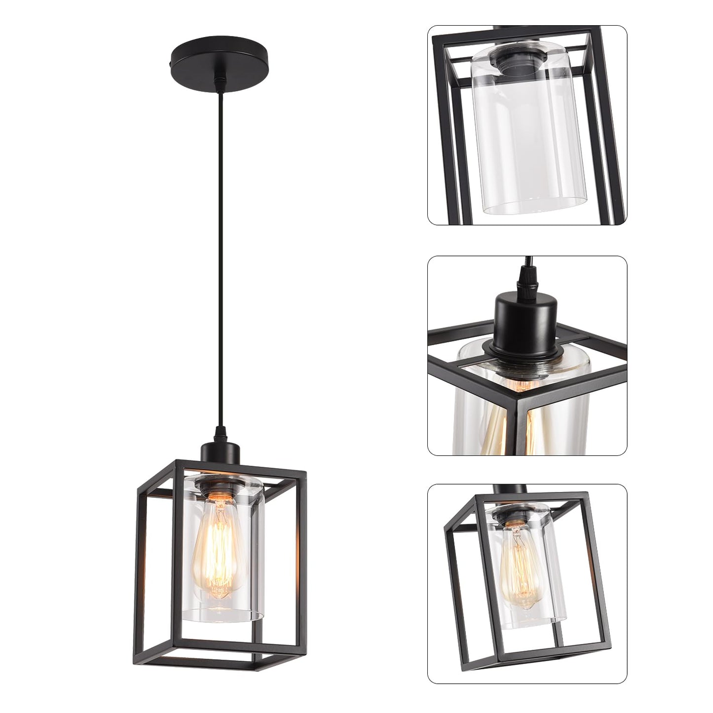3 Pack Black Pendant Lights for Kitchen Island Industrial Lantern Pendant Light Fixtures with Clear Glass Shade, Farmhouse Adjustable Height Hanging Pendant Lighting for Dining Room