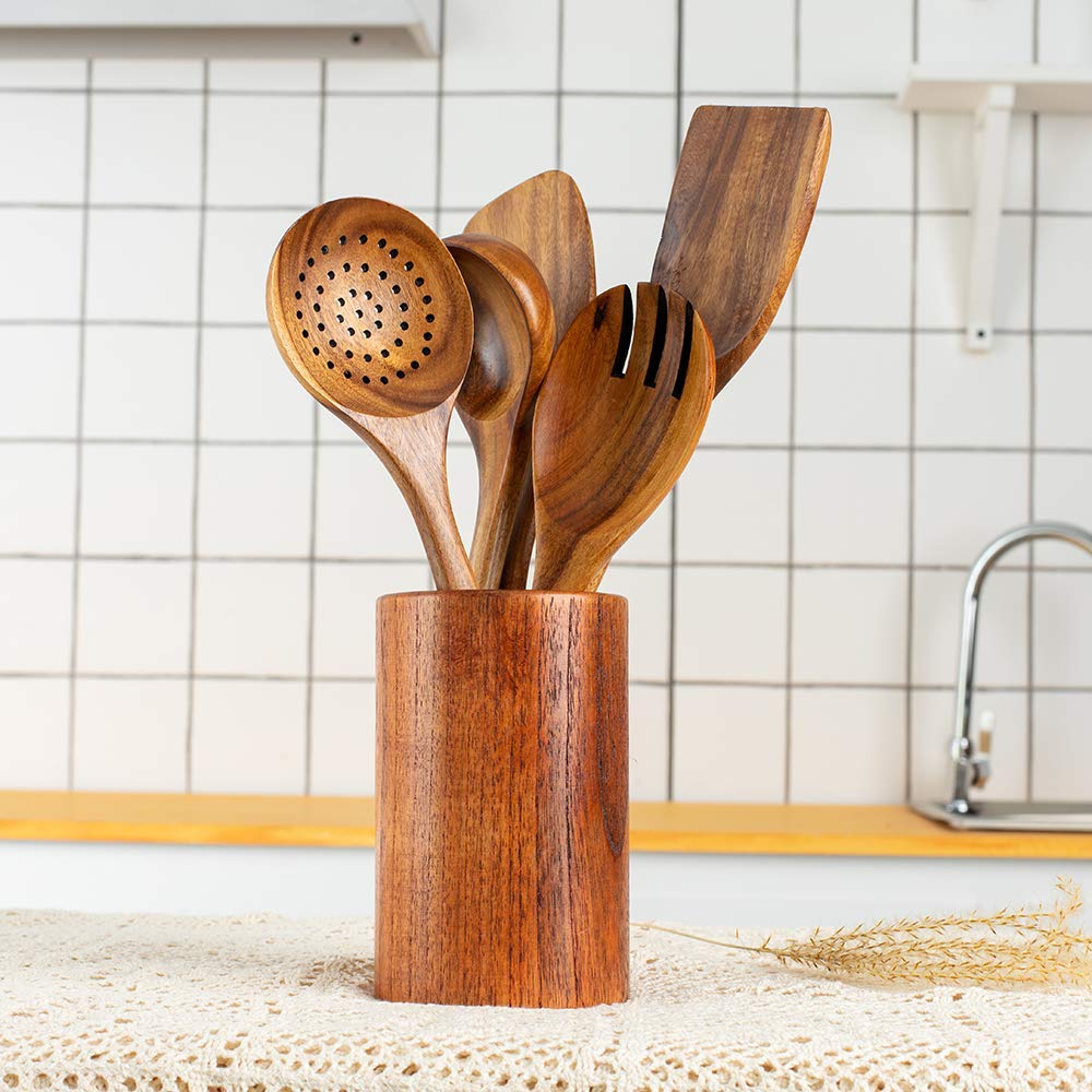Wood Kitchen Utensils Set, 5 PCs Natural Acacia Wooden Spoons For Cooking for Non-stick Skillet, Utensil set For Cooking With Soup Ladle and Wok Spatulas, Salad fork, Spurtles for Cooking