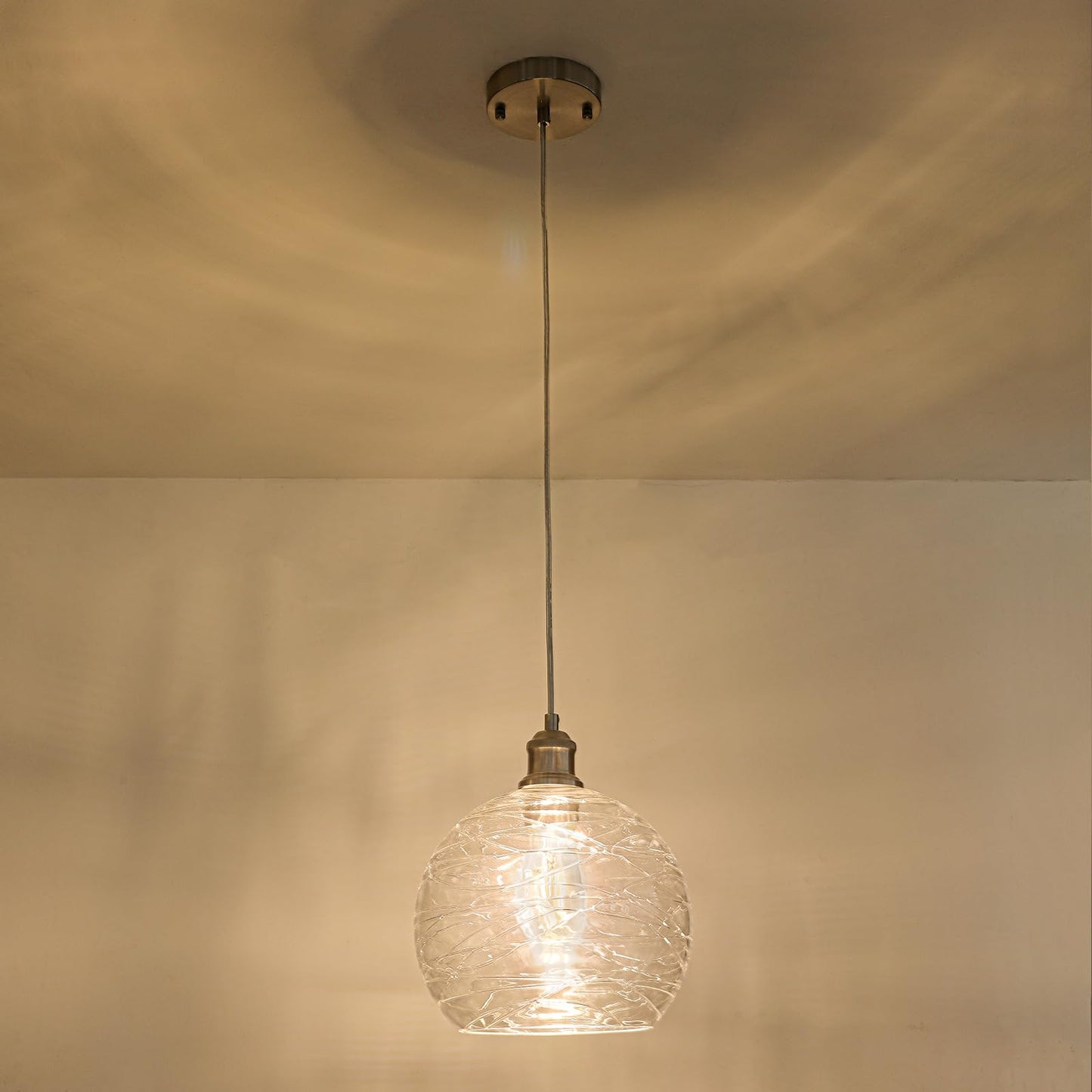 YongMing CL Glass Pendant Light Stripe Seeded 9.85’’ Modern Ceiling Pendant Lighting Sea Swell Handblown Coastal Style Shade with Adjustable Cord for Kitchen Island Dining Room Bedroom Foyer Hallway
