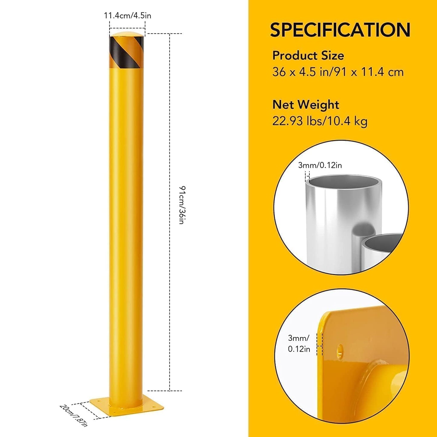 4-Pack 36 Inch Steel Safety Bollards, 4.5 Inch Diameter Parking Bollard Post with 16 Anchor Bolts, Yellow Safety Steel Bollard Post for Driveway Barrier, Traffic Control & Storefront Protection