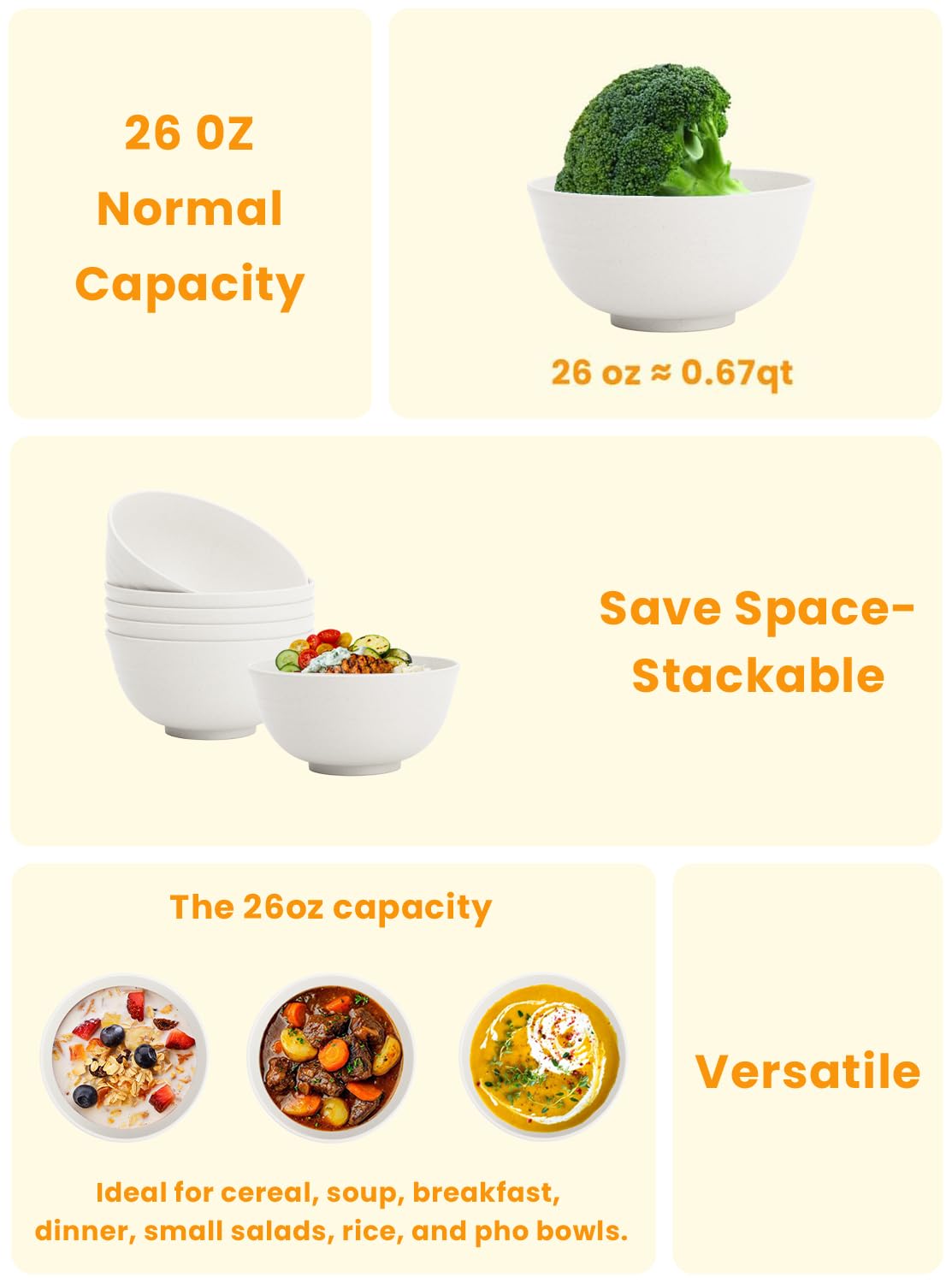 Homienly Wheat Straw Cereal Bowls Plastic Bowls Alternatives 26 OZ Unbreakable Soup Bowls for Kitchen, Outdoor, RV Microwave and Dishwasher Safe Bowl Set of 6, Reusable (White)