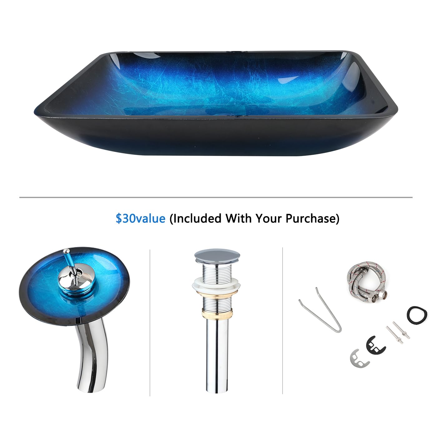 Washly 22" Blue Bathroom Vessel Sink,Rectangle Tempered Glass Washing Sink Bowl with Faucet And Drain, Artistic Bowl Sinks for Bathroom