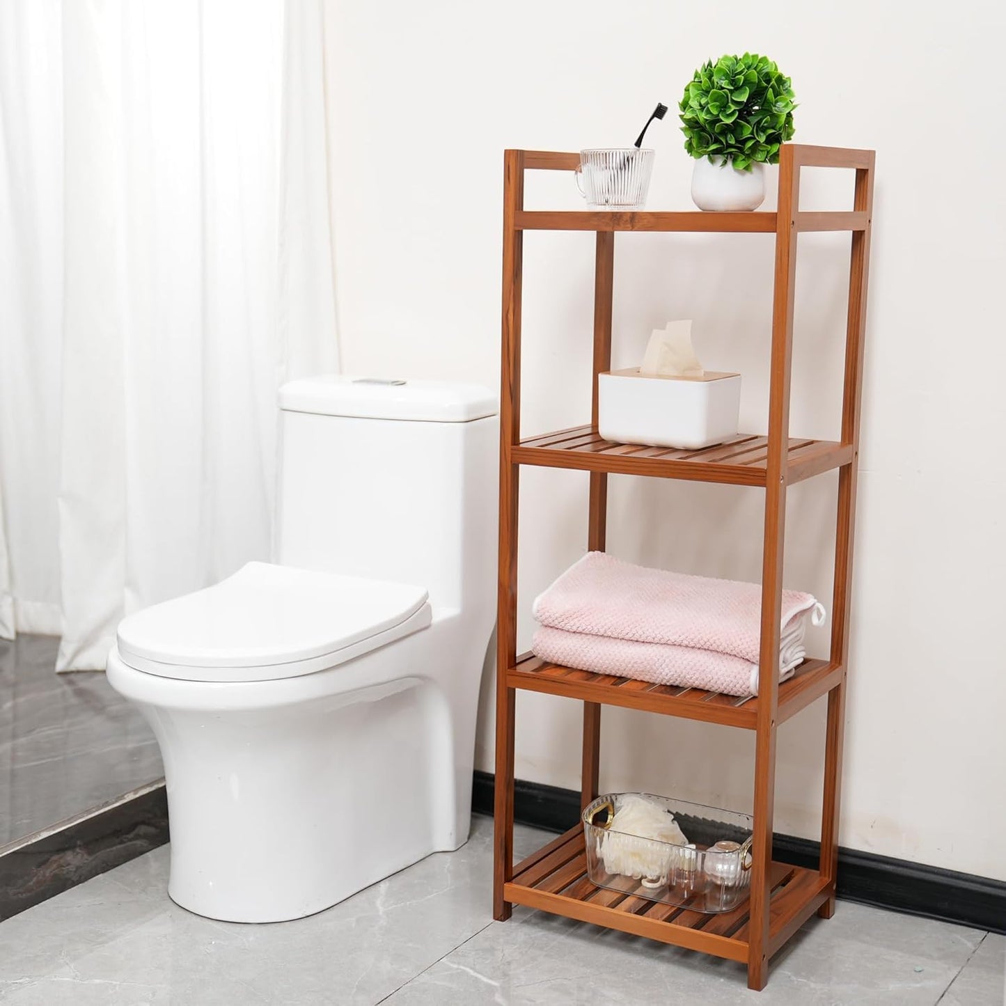 Utoplike Teak Wood Bathroom Shelf Organizer Stand, Standing Shelves Shower Caddy Units, Freestanding 4 Tier Bath Storage for Floor, Kitchen, Office
