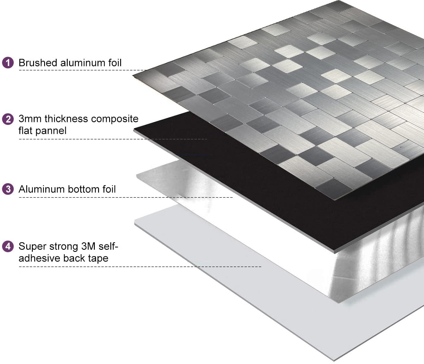 XUANINY Peel and Stick Metal Backsplash Tiles, Self Adhesive Aluminum Mosaic 3D Wall Sticker for Kitchen (Square +Rectangle Stainless Steel, 5 Sheets)