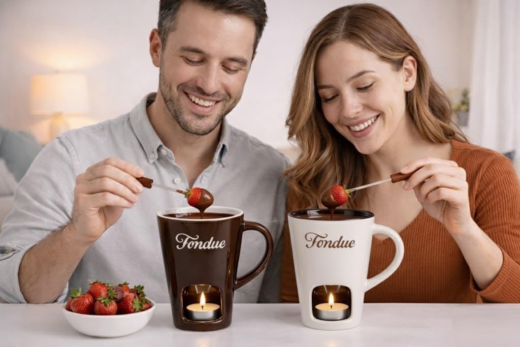 White Chocolate Fondue Mug with Tealight & Fork – Ceramic Single-Serve Fondue Cup for Chocolate & Cheese Dipping