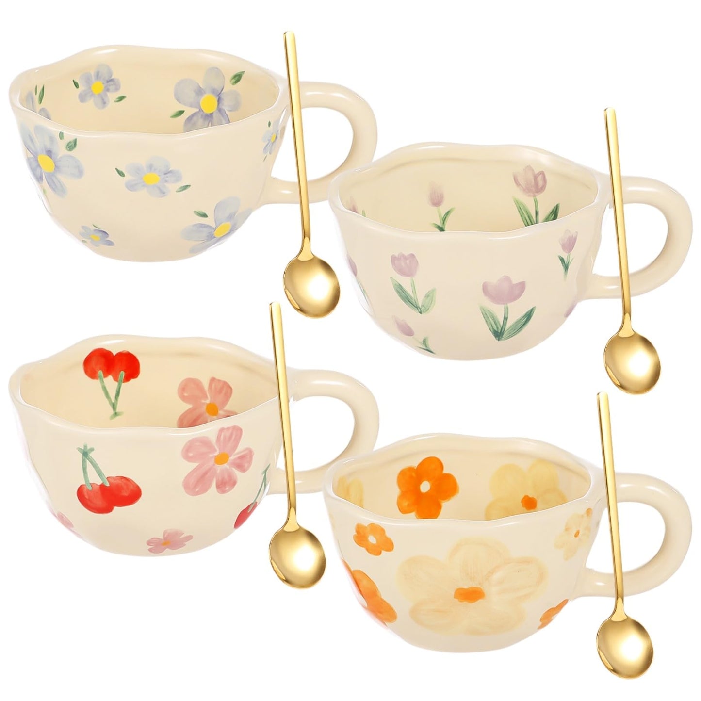 Homaisson Set of 4 Flower Ceramic Coffee Mugs, 8 OZ Floral Tea Cup Set with Spoons, Cute Cappuccino Cups Set, Porcelain Espresso Cups for Mocha Latte, Dishwasher Microwave Safe