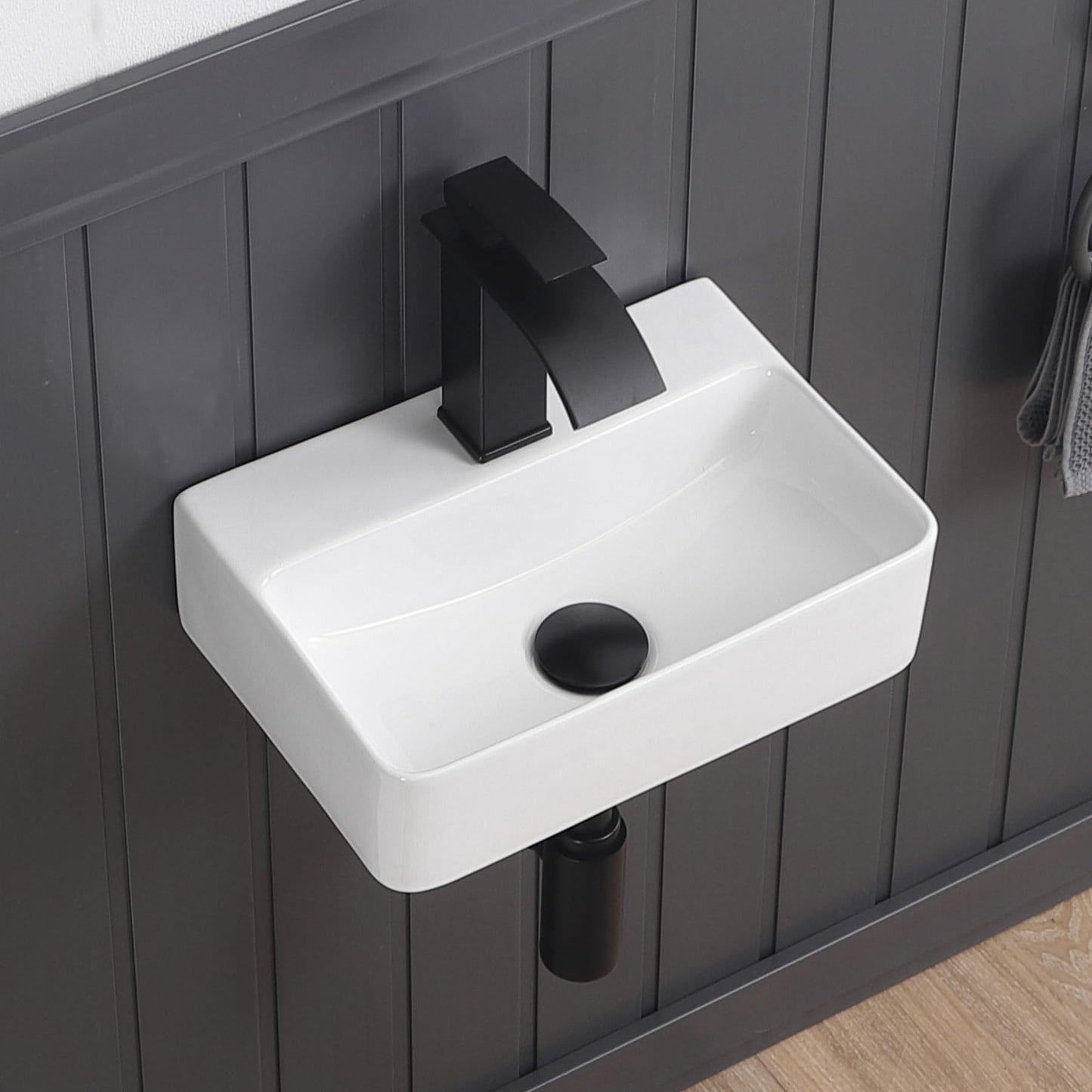 DEHOMEN Compact Wall Mount Bathroom Sink 14-inch Small Rectangular Wall Hung Floating Vessel Basin Classic Lavatory for Tiny Bathroom Vanity,White