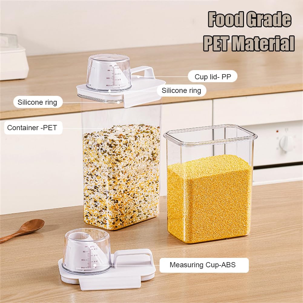 JUSTAUS 2Pcs Rice Dispenser Storage Containers, 1.1L Small Rice Bucket with Measuring Cup & Pour Spout, Kitchen Plastic Airtight Container for Cereal, Grain, Flour, Sugar, Oatmeal, Dry Pet Dog Food