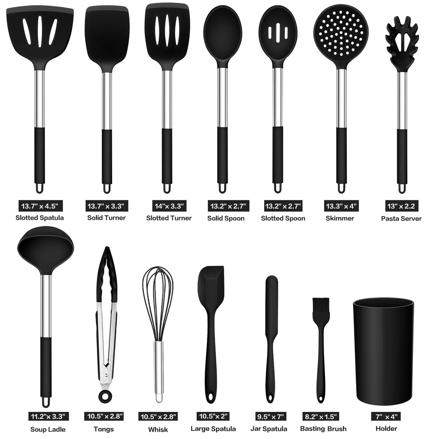 TeamFar Kitchen Utensil Set of 14, Silicone Cooking Utensil Set with Stainless Steel Handle, for Frying Serving Flipping Draining, Non-toxic & Heatproof, Nonstick & Dishwasher Safe - Black