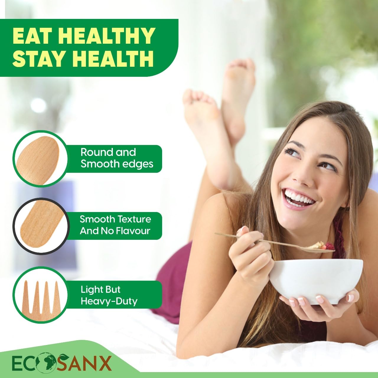 ECOSANX® 300 PCs Wooden spoons for eating, 6.5" Splinter Free small disposable spoons, Eco-Friendly, 100% All-Natural Compostable spoons for Outdoor, Bamboo spoon Disposable for Camping Events & More