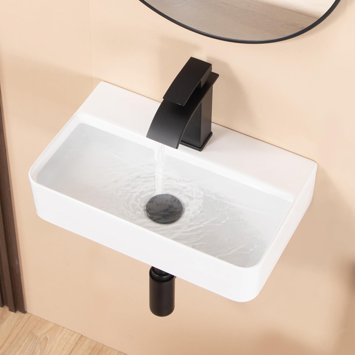 KARAMAG Small Vessel Sink 17.7"x11.2" Wall Mount Bathroom Sink Rectangular White Porcelain Ceramic Floating Tiny Bathroom Wall Mounted RV Sink
