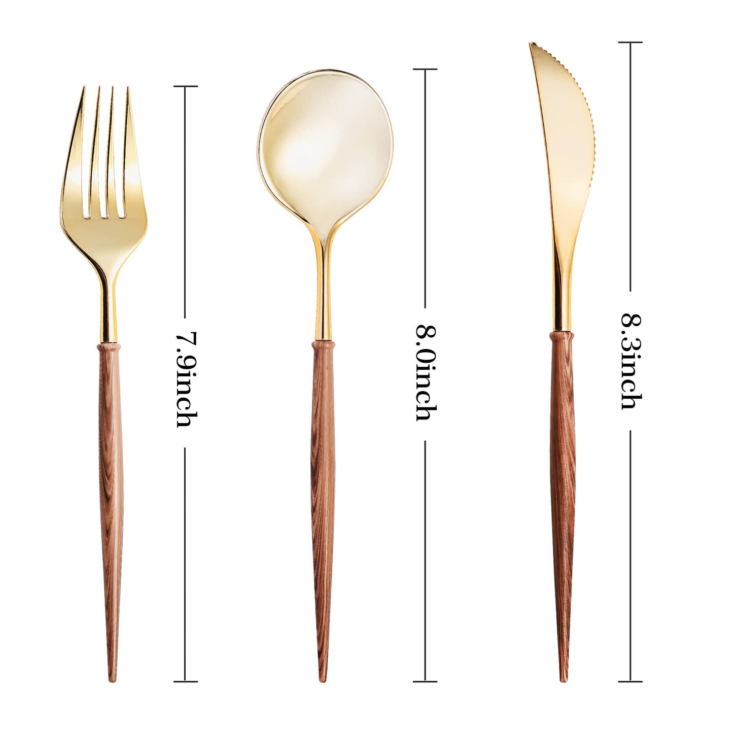 Lullaby 120PCS Gold Plastic Silverware, Gold Disposable Cutlery with Wood Grain Handle Include 40 Forks, 40 Spoons, 40 Knives, Elegant Disposable Silverware for Wedding, Party, Gathering, Daily Use