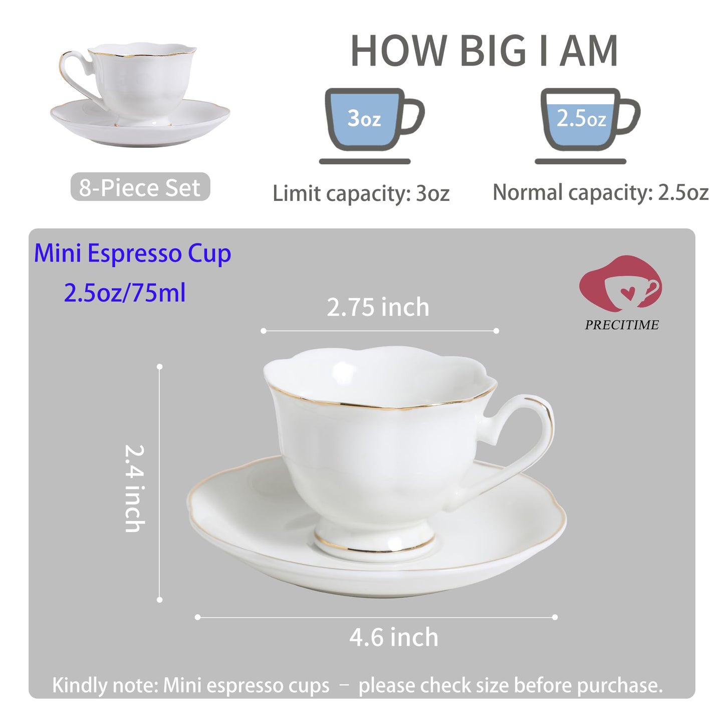 PRECITIME White Porcelain 75ml Demitasse Set of 8 (16-Piece) - 2.5oz Espresso Cups & Saucers, Elegant White & Gold Trim Coffee Set for Turkish Coffee, After Dinner, Gift Giving