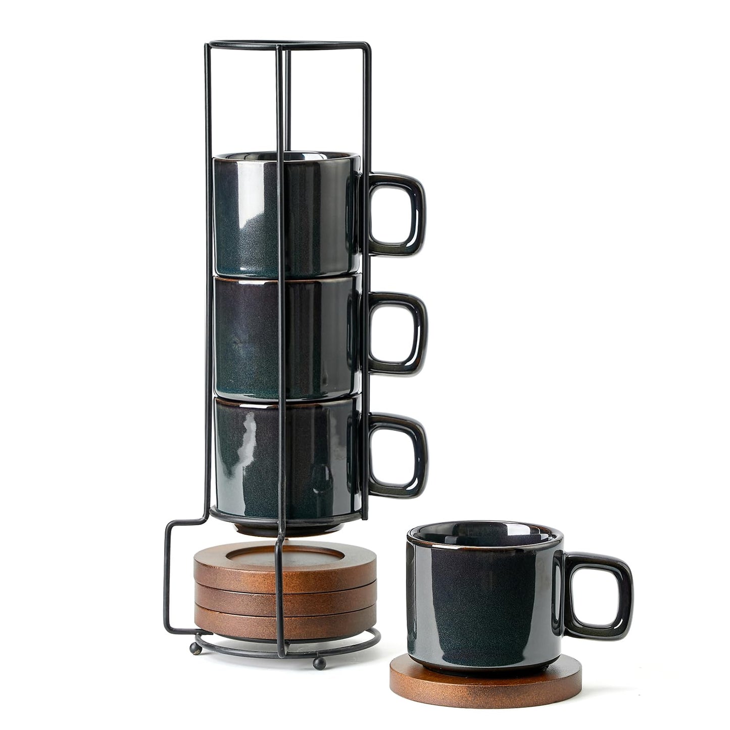 LUKA Porcelain Stackable Espresso Cups with Saucers and Metal Stand, 4 Ounce Small Ceramic Demitasse Cups Set for Latte, Specialty Coffee Drinks, Cafe Mocha,Tea - Set of 4, Kiln Tide Glaze