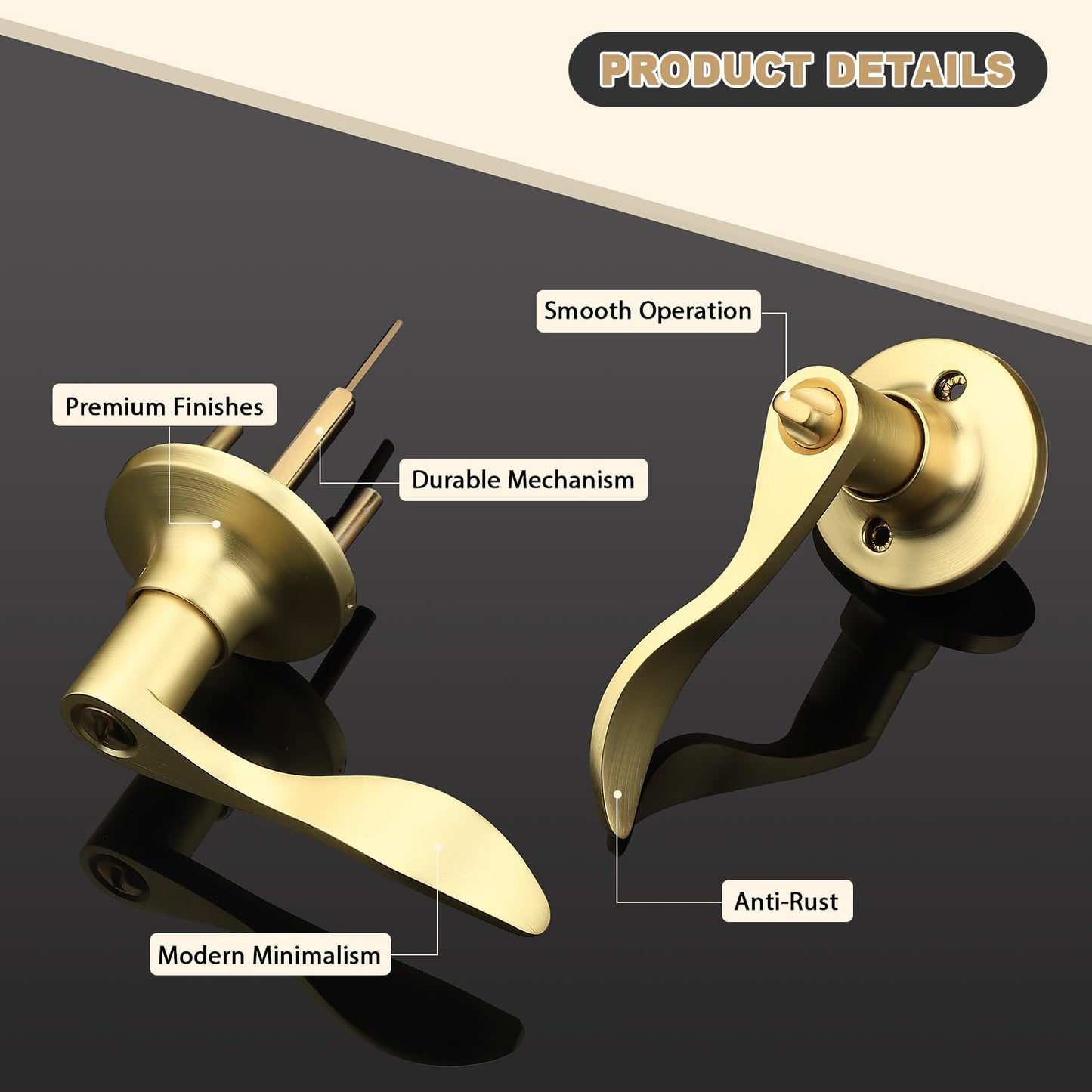 GOBEKOR Gold Door Handle Wave Privacy Door Lever Brushed Gold Door Handles Interior with Lock for Bedroom Bathroom Reversilble for Left/Right-Handed Doors, Satin Brass(10 Pack)