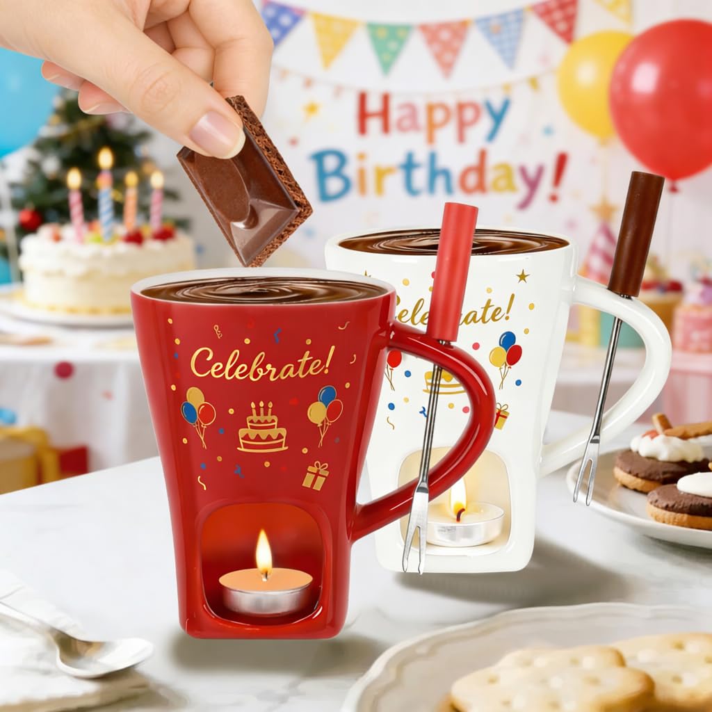 HANEVEAR Chocolate Fondue Mug, Mini Personal Chocolate Melting Mug with 4 Forks and 4 Tealights, Ceramic Fondue Cup for Cheese, Butter - Birthday Gift, Date Night & Wedding Celebrations