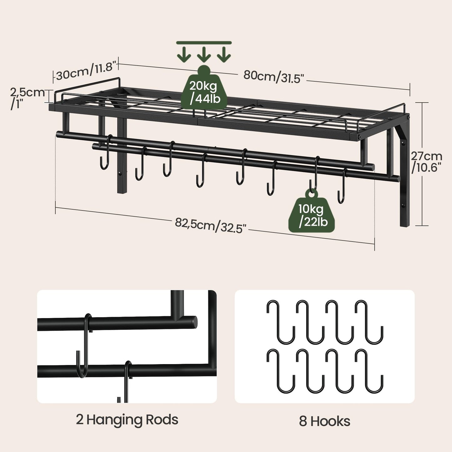 CHOEZON Hanging Pot Rack, Wall-Mounted Pot Rack, Kitchen Cookware Organizer, Metal Pot and pan Organizer Holder, for Cookware, Utensils Organization, Black TPR38BB