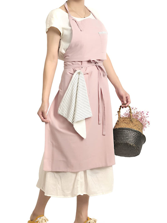 Tobyan Soft Cotton Linen Apron - Retro Linen Art Apron, Adjustable Casual Apron with Towel, Great for Florist, Coffee House and Kitchen (Pink)