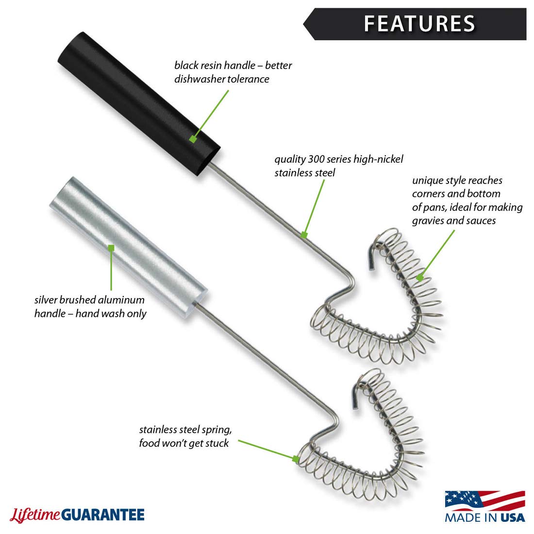 Rada Cutlery Handi-Stir Whisk (W217), 2.5" x 2.75" Stainless Steel Spring Face, Black Handle