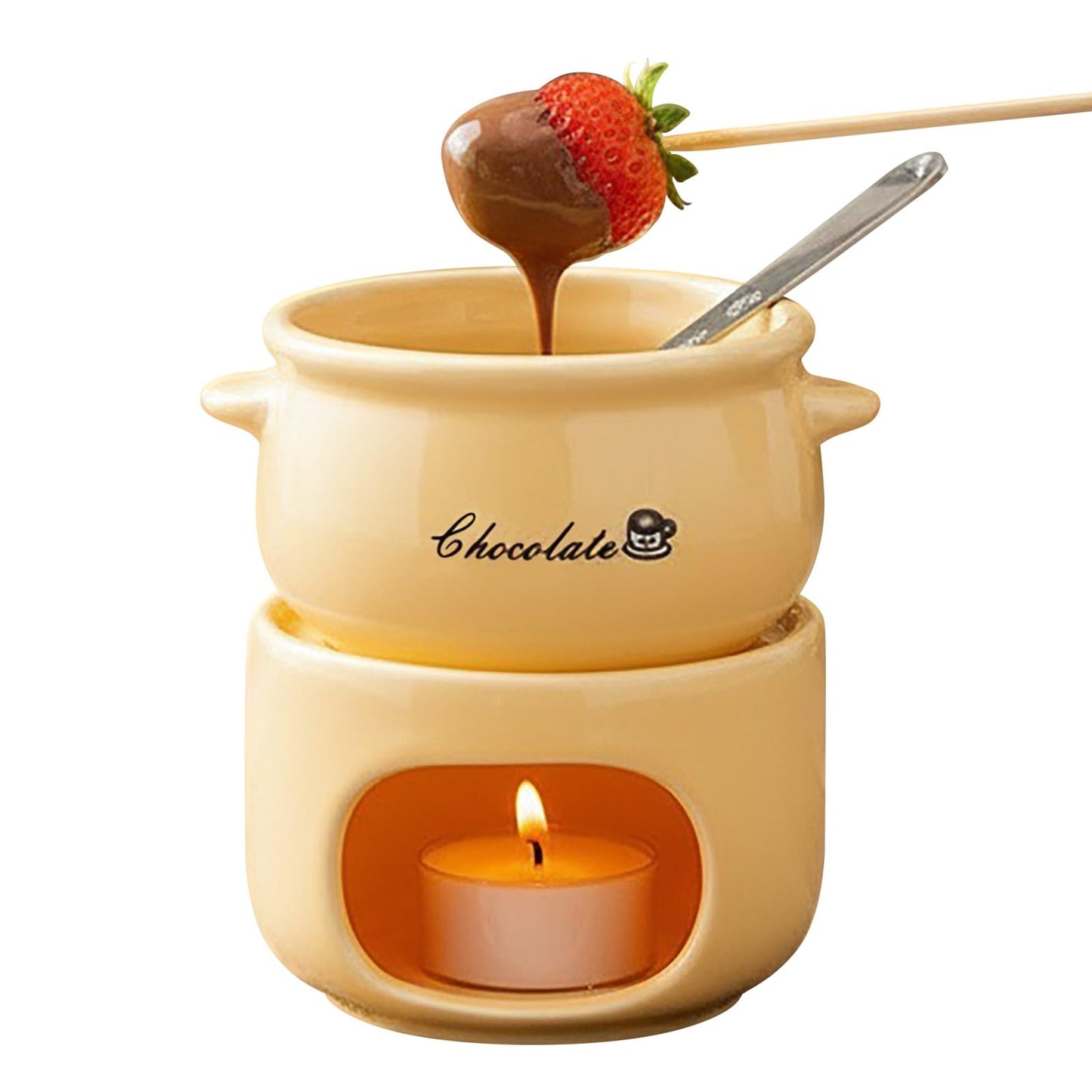 HELAIMAY Sweet Fondue Cup with Fork, Cheese Desserts Marshmallows Chocolate Melting Cup, Ceramic Fondue Mug Set for Date Night Party Wedding or Holiday Gift, Cream, 1Piece