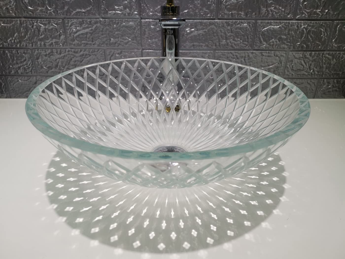 Fanwin Star Tempered Deco Glass Luxuryhome Bathroom Sink in Crystal engraving Elegant | Top Mount Basin | Vanity Countertop Sink Bowl with Pop Up Drain |Surface Finish Glossy | FW-LA659
