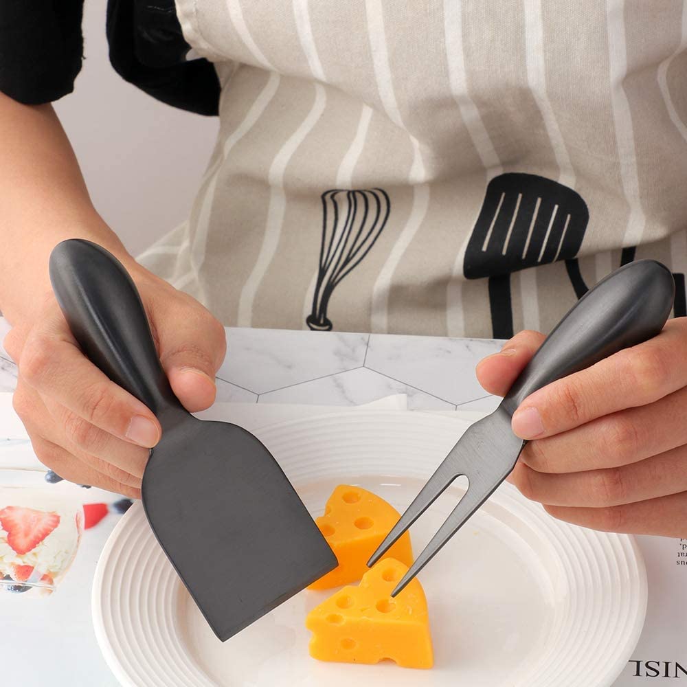 Buyer Star Black 4 Piece Cheese Knife Set Stainless Steel Mini Cheese knives Charcuterie Board Accessories Cheese Spreader Knife with Present Box for Charcuterie, Present-Ready