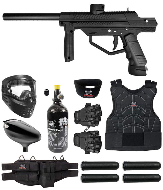 Maddog JT Stealth Basic Paintball Gun Marker and Accessory Starter Package [HPA] | Protective Kit - Marker, 48ci/3000psi Compressed Air Tank, Mask, Hopper, Pods, Harness & Protective Gear