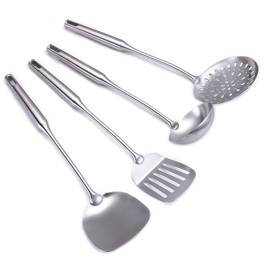 304 Stainless Steel Cooking Utensil Set 4-Piece Kitchen Utensils with Extra-Long Handles, Spatula,Ladle,Slotted Spoon,Slotted Spatula,One-Piece Construction, Ideal for Wok, Grilling, and Gifting
