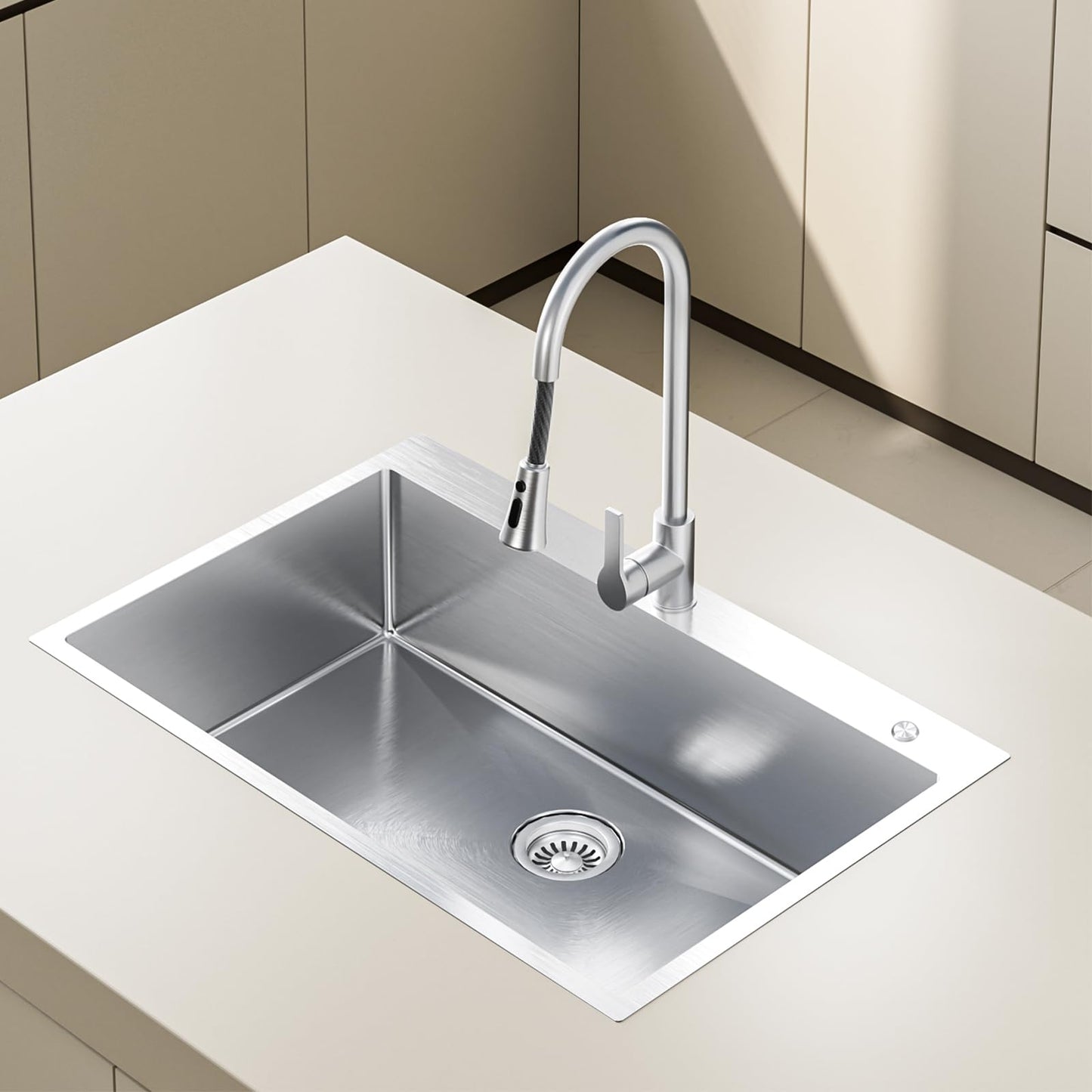 Frogink 33 inch Topmount Handmade 18 Gauge Single Bowl Stainless Steel Kitchen Sink with Accessories in 33"Lx22"Wx10"D