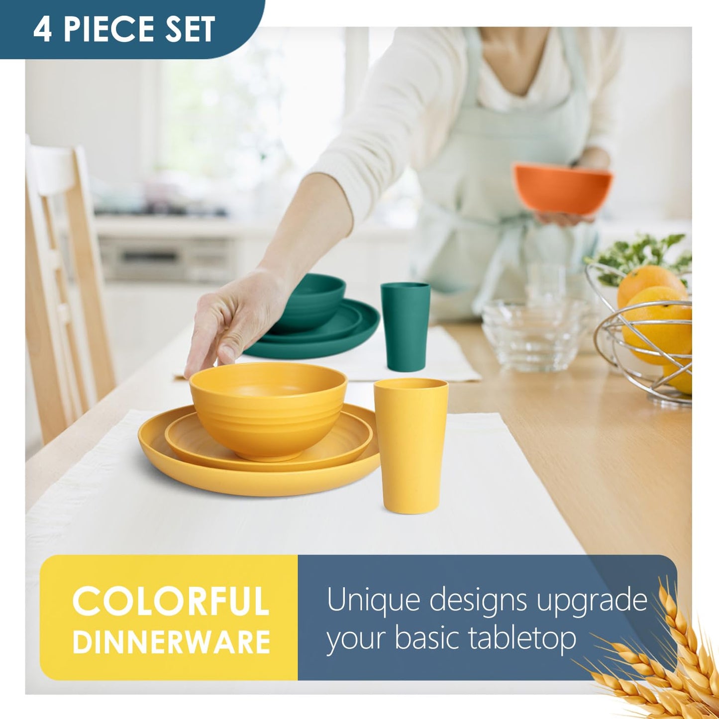 Teivio 48-Piece Kitchen Wheat Straw Dinnerware Set, Service for 12, Dinner Plates, Dessert Plate, Cereal Bowls, Cups, Unbreakable Colorful Plastic Outdoor Camping Dishes, Autumn Multicolor