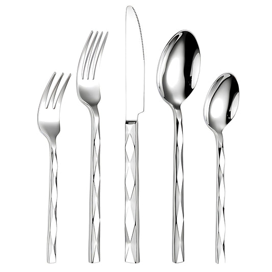 20 Piece Silverware Set, Stainless Steel Flatware Sets for 4, Mirror Polished Modern Design Cutlery Utensil Sets Include Dinner Knives Spoons and Forks for Home, Restaurant (Silvery-Diamond)