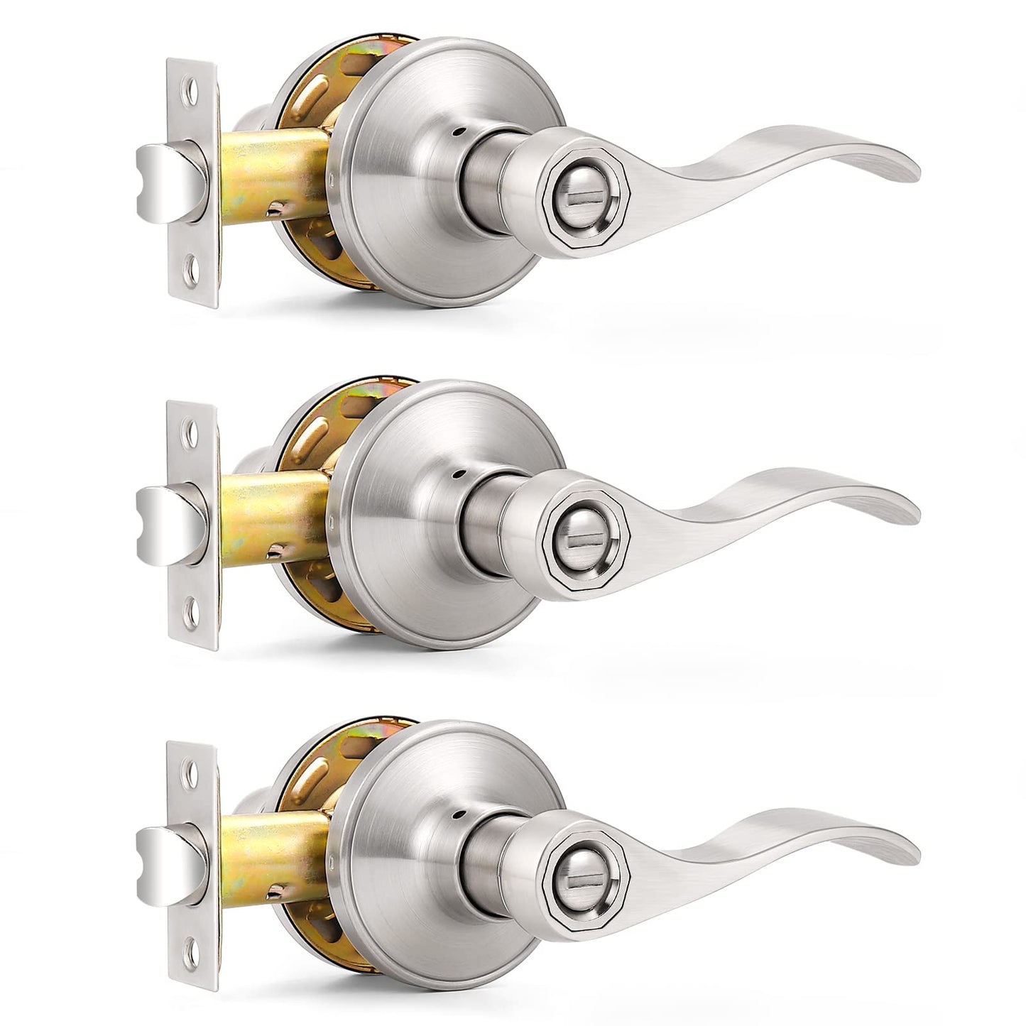 Probrico Satin Nickel Wave Style Privacy Door Levers Bath/Bed Door Handles, Interior Keyless Door Locksets, 3 Pack