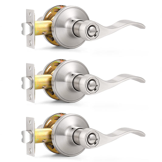 Probrico Satin Nickel Wave Style Privacy Door Levers Bath/Bed Door Handles, Interior Keyless Door Locksets, 3 Pack