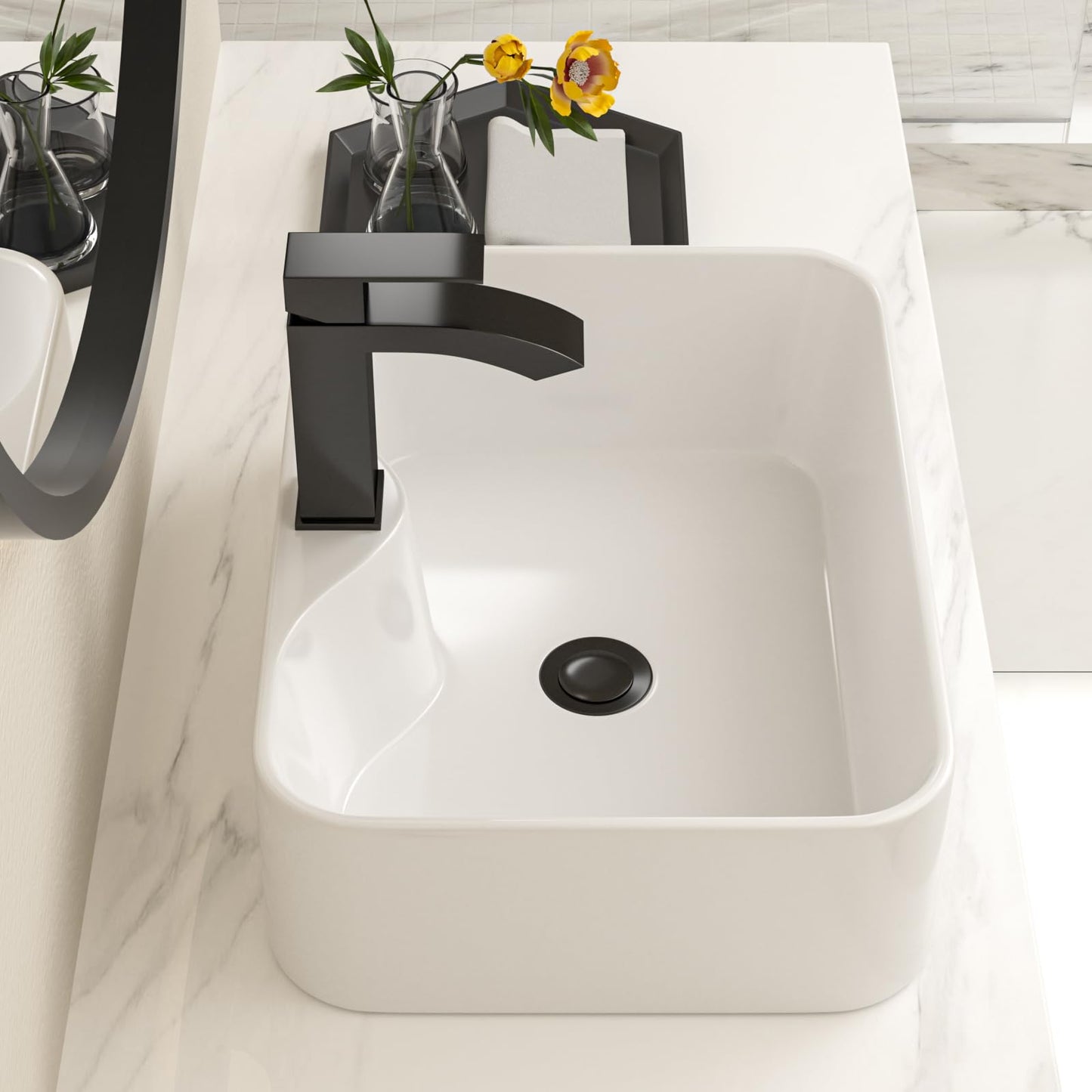 Lofeyo Bathroom Vessel Sink 19''x15'' with Black Faucet and Drain Combo, Rectangular White Ceramic Above Counter Vanity Sink for Modern Bathroom