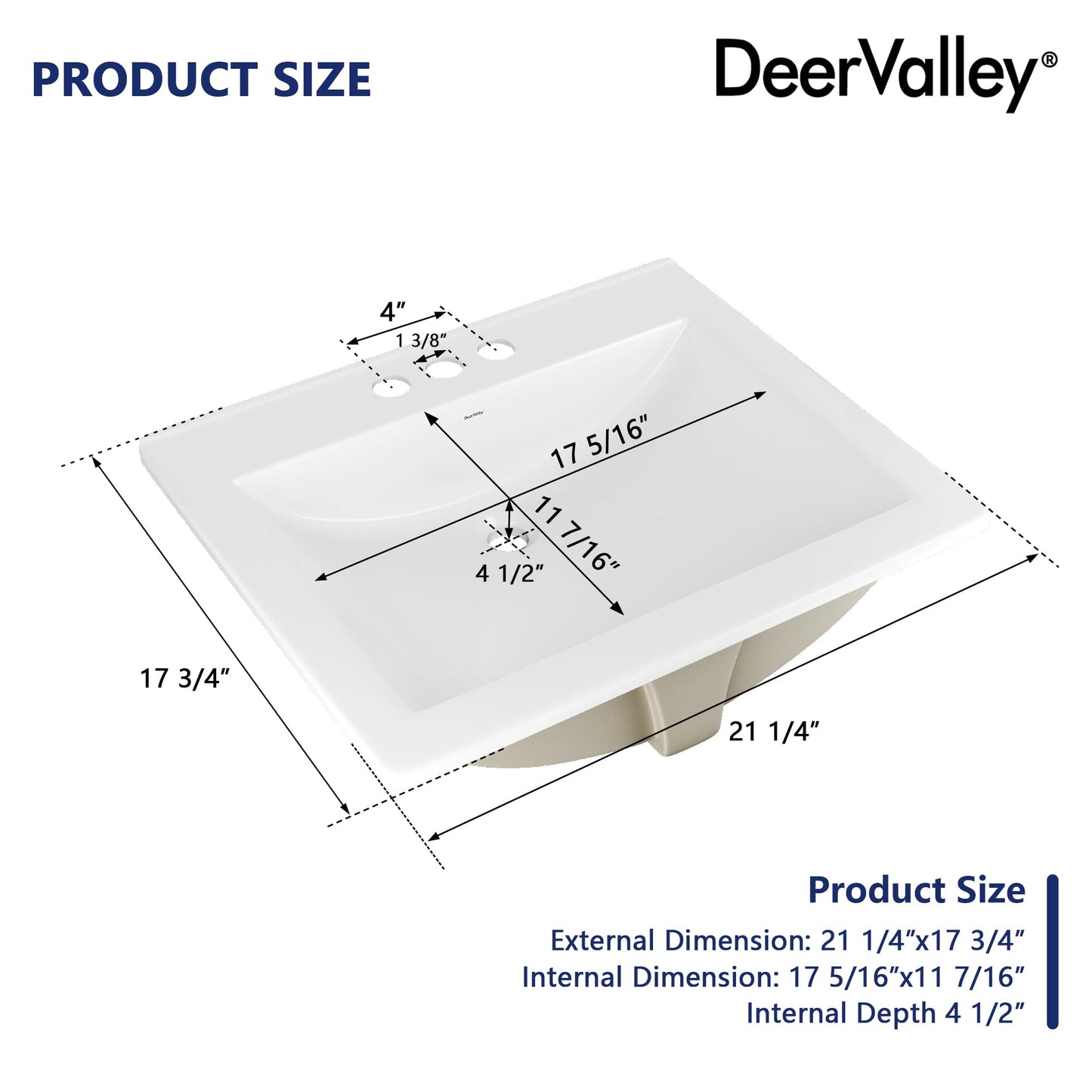 DeerValley 21x18 Inch Rectangular Ceramic Drop-in Bathroom Sink, Under Counter Vessel Sink with Overflow, White Vanity Basin
