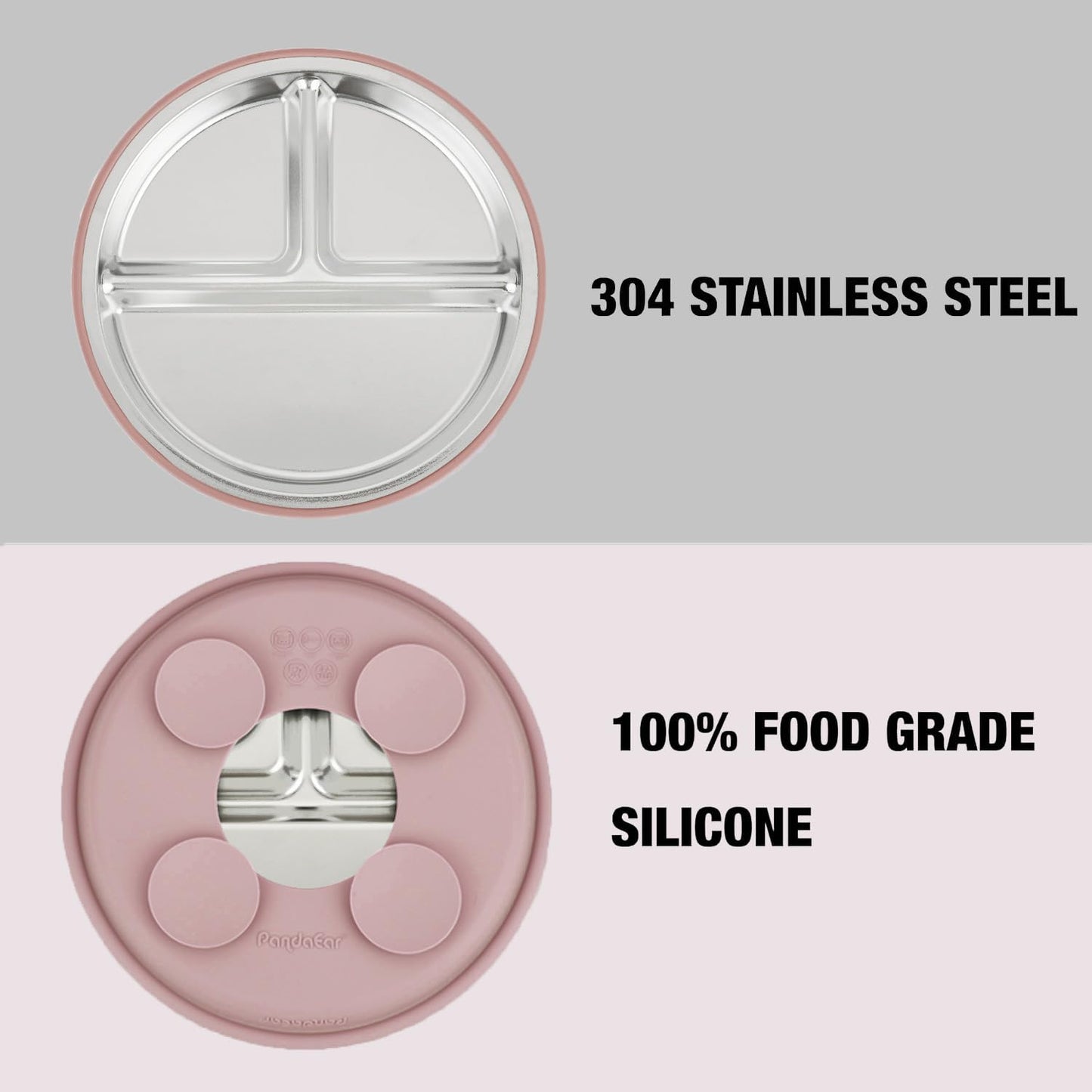 PandaEar 2 Pack Stainless Steel Baby Suction Plates & 2 Pack Spoons and Forks Set, Toddler Utensils Baby Feeding Set, Divided Plates for Baby Led Weaning Supplies, BPA-Free (Pink)